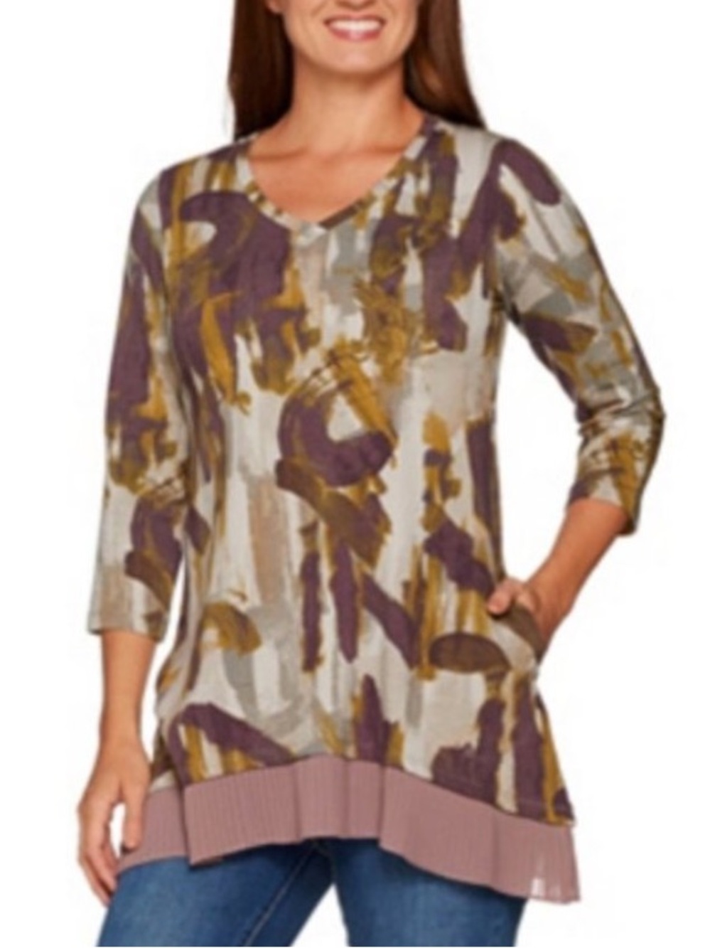 LOGO Lounge Lori Goldstein 1X French Terry Tunic Top With Pleated Chiffon Hem